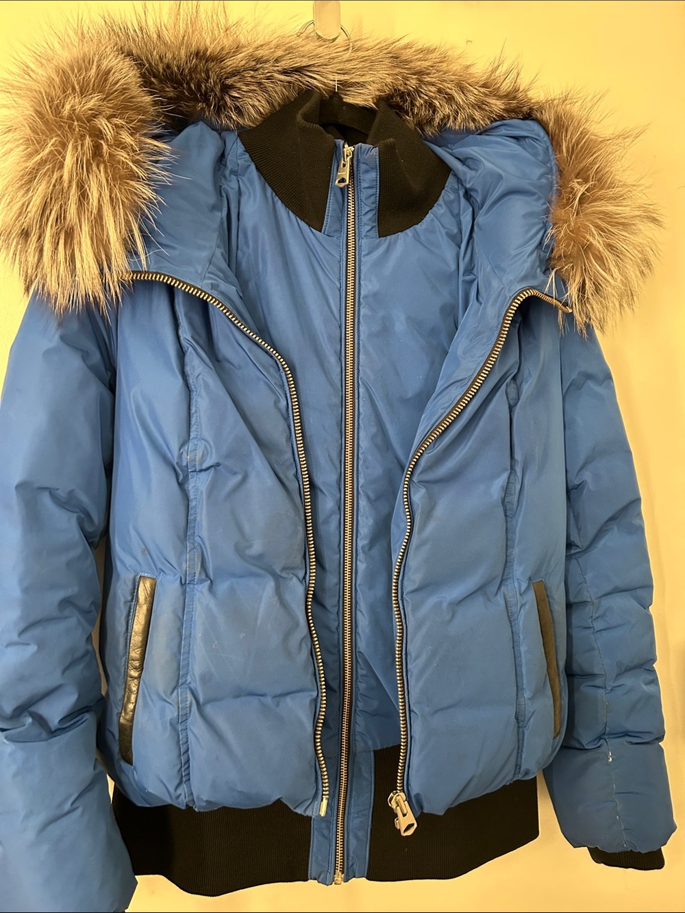 Mackage Blue Puffer Jacket with Faux Fur Trim